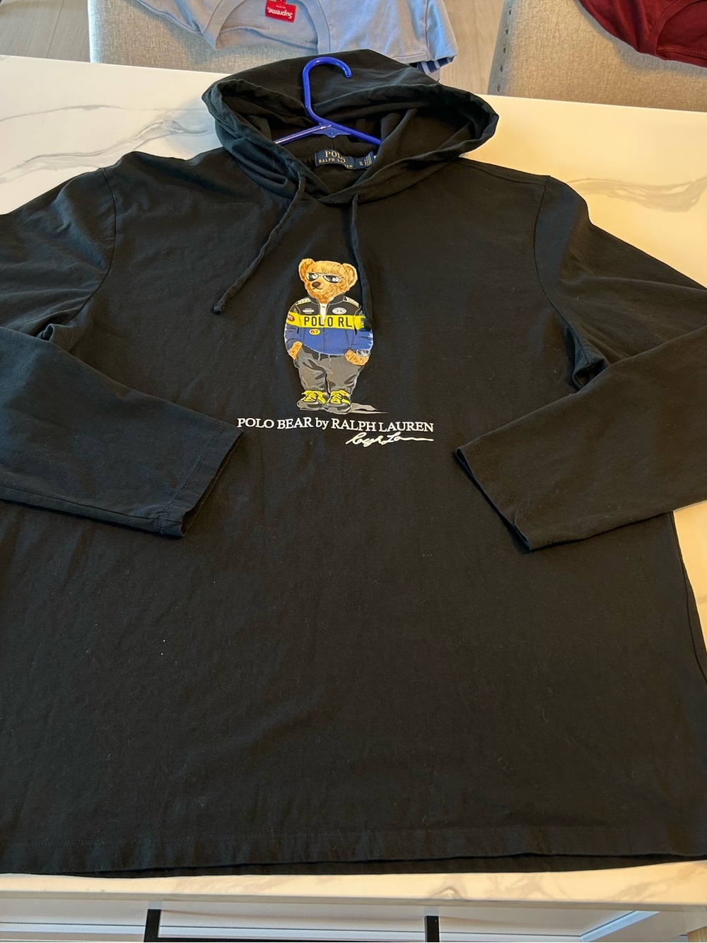 Men’s Ralph Lauren Black Lightweight Hoodie SHIRT with Polo Bear SZ XL